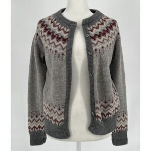 Women's Sm Woolovers Cardigan 100% Lambswool Nordic FairIsle Yoke Fox Print Gray
